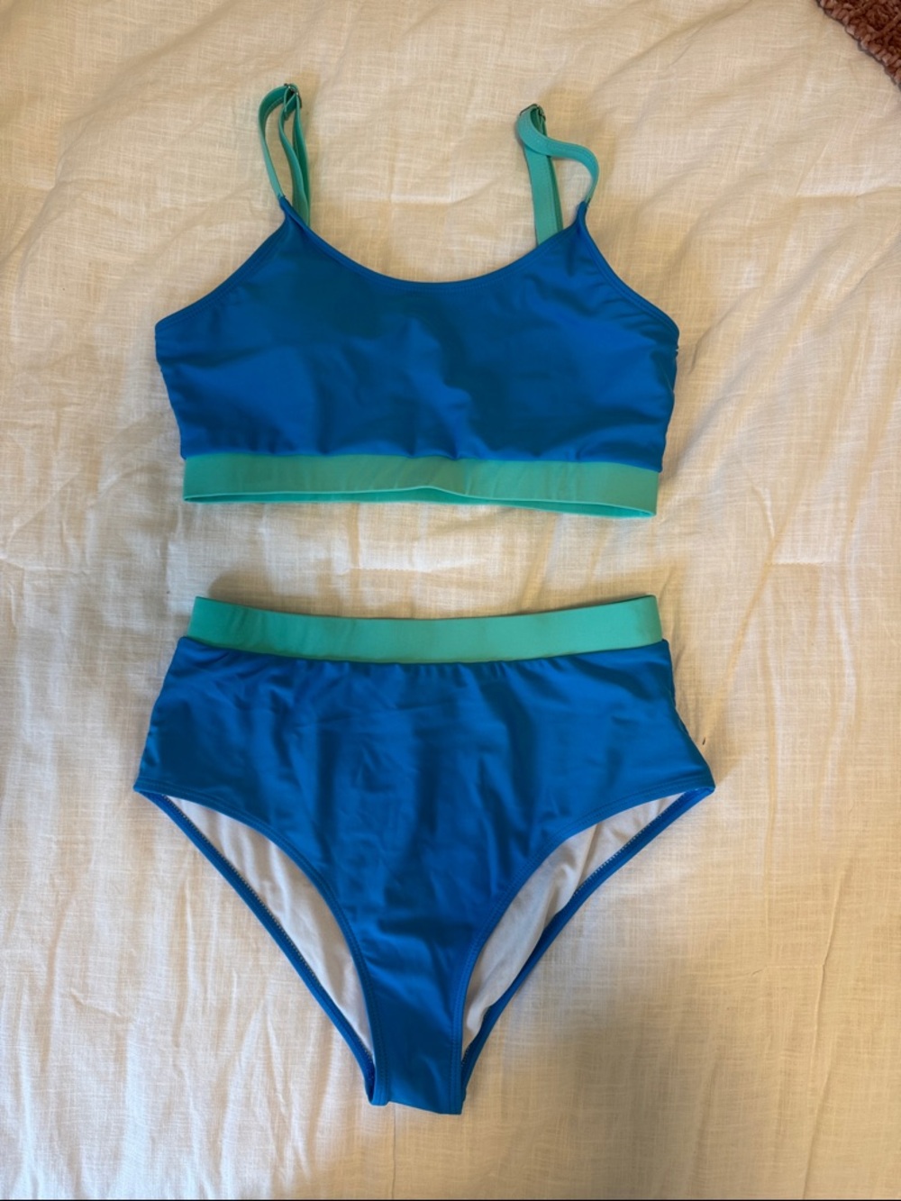 Blue Two-Piece Bikini Set with Mint Trim